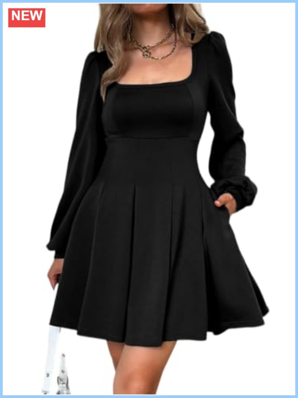Women Long Sleeve Mini Pleated Empire Dress Pockets Square Neck Puff Sleeve